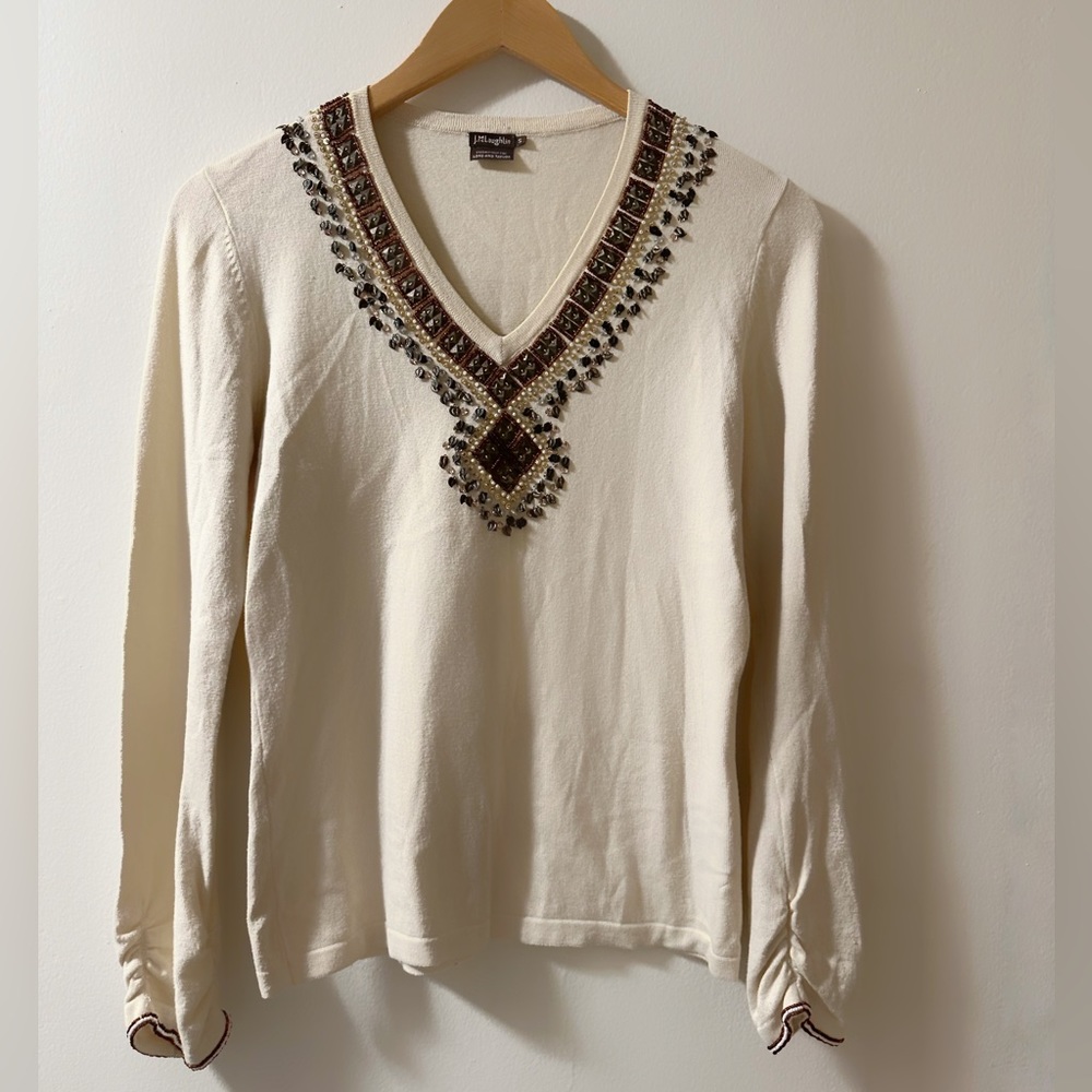 J. McLaughlin Pullover V-neck Bead embroidered  Neckline Cream Sweater